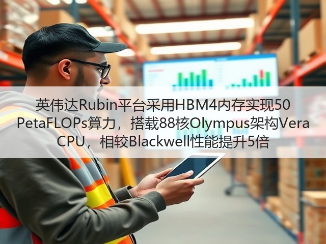英伟达Rubin平台采用HBM4内存实现50 PetaFLOPs算力，搭载88核Olympus架构Vera CPU，相较Blackwell性能提升5倍(图1)
